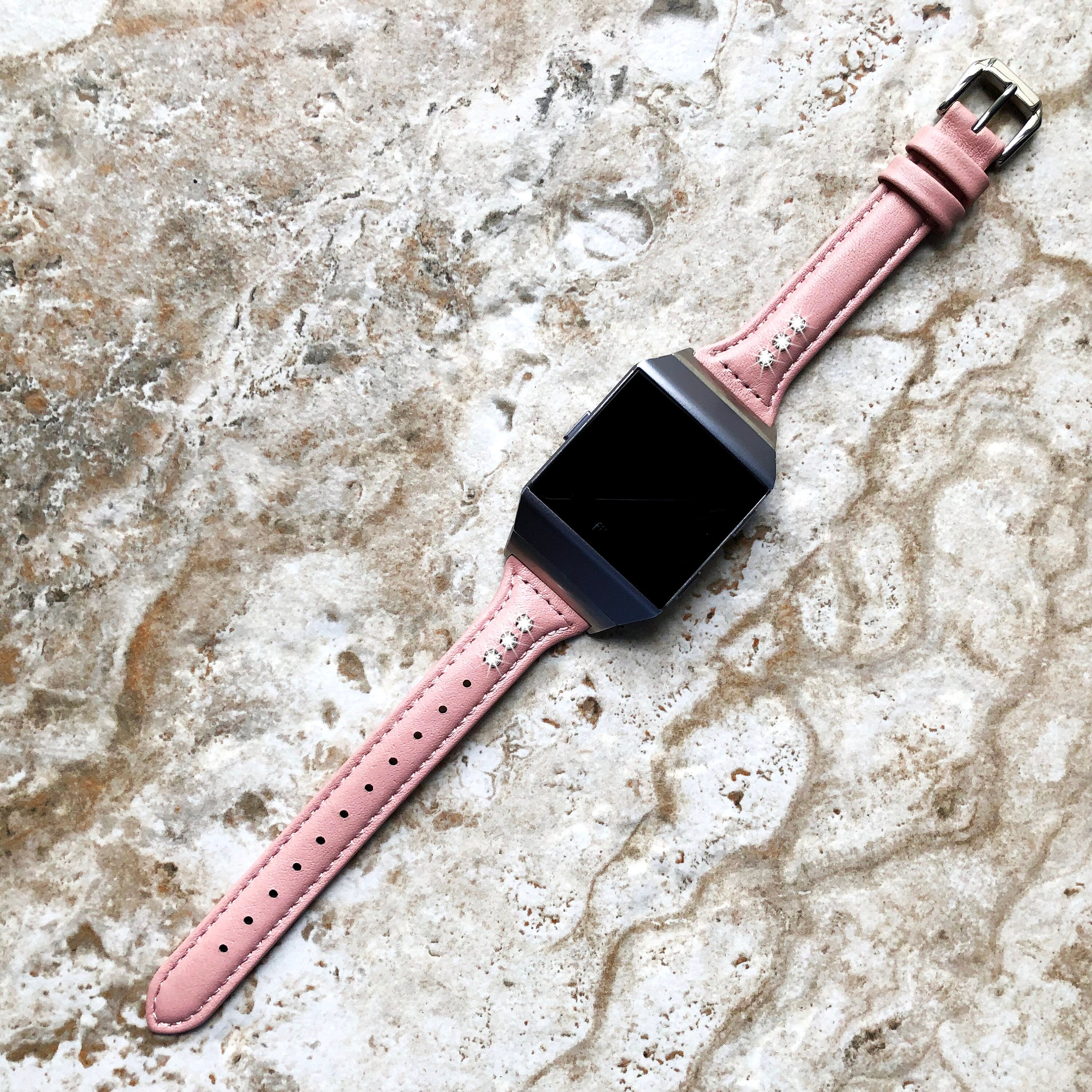 Fitbit Ionic Pink Leather & Crystals Slim Elegant Soft Band Strap Bracelet for Smartwatch Quick Release Adapters in Silver Rose Gold Black